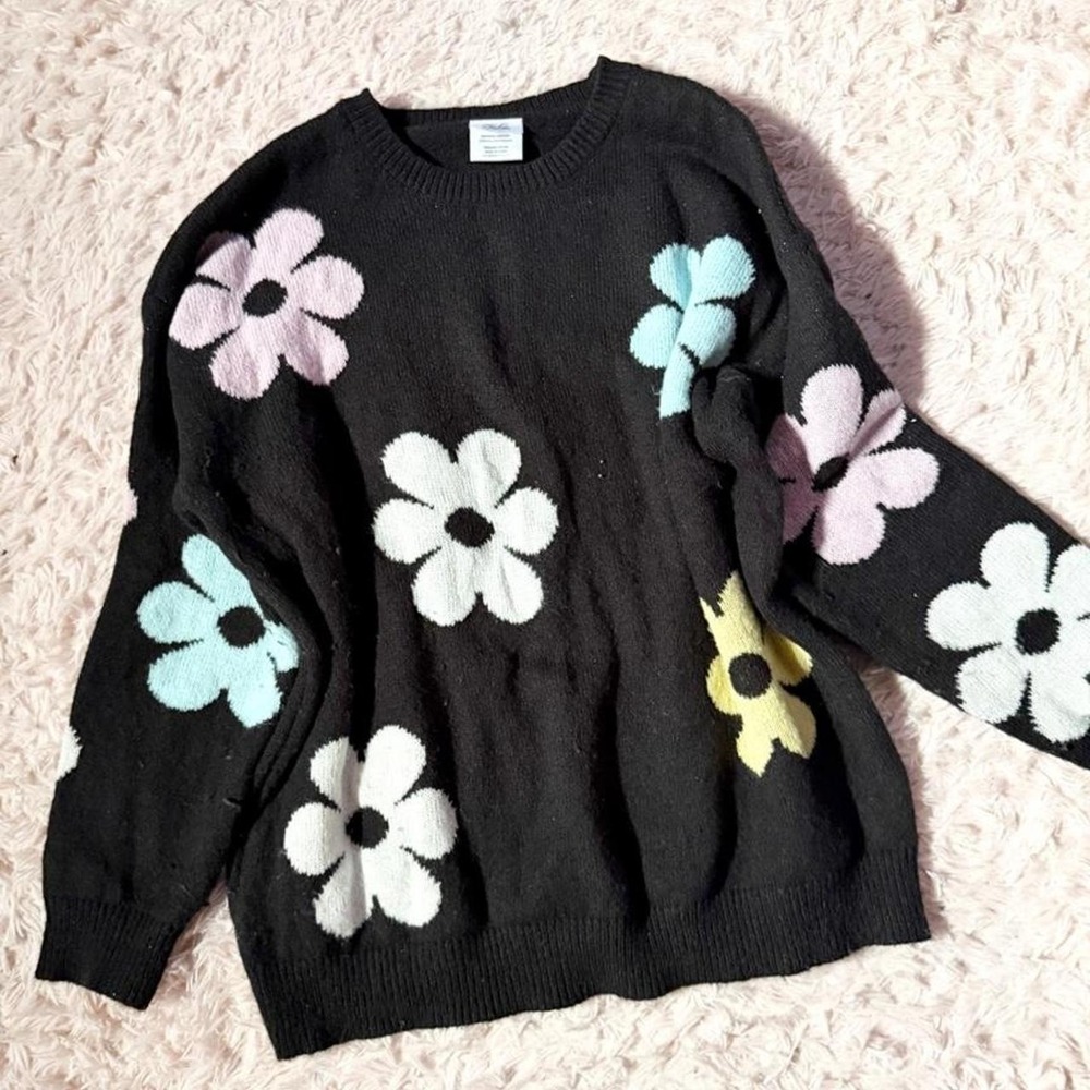 Retro Groovy Hippie Floral Daisy Colorful Coquette Twee Sweater Womens L
